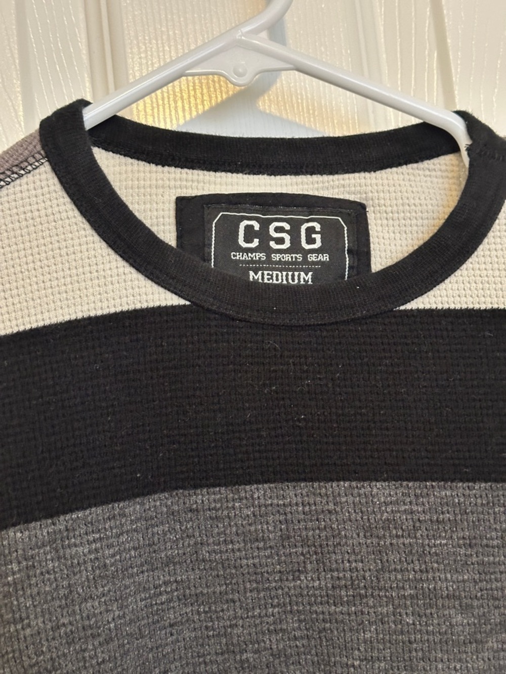 Champs Sports Gear MenStriped Waffle-Knit Crewneck Sweater Medium Black Gray